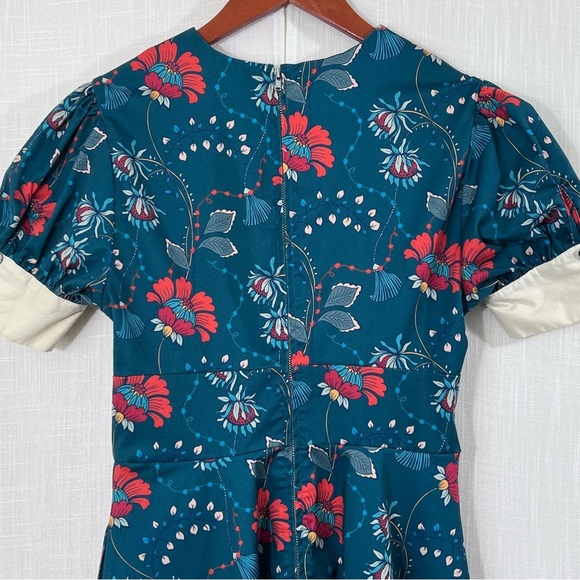 Unique Vintage Teal & Red Floral Chain Print Retro Swing Dress Size M - Picture 14 of 16